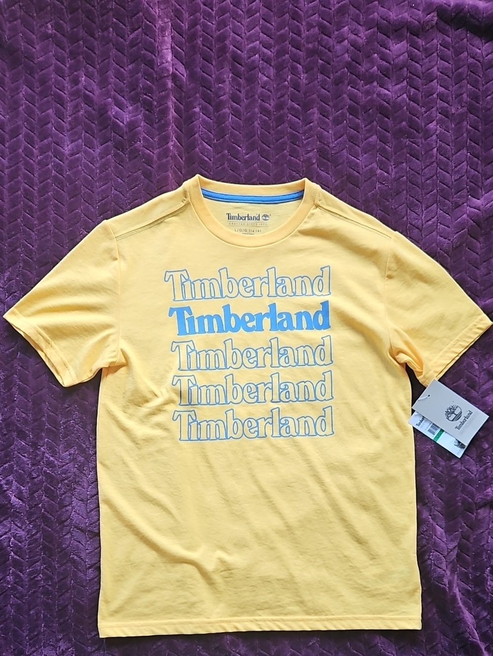 Timberland Yellow Short-Sleeve Tee with Blue Stack Logo